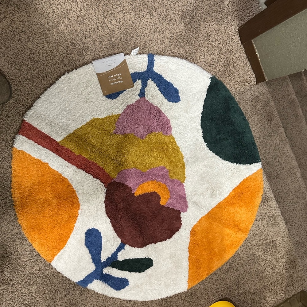 Cost Plus World Market White and Orange Bath Mat with Abstract Design